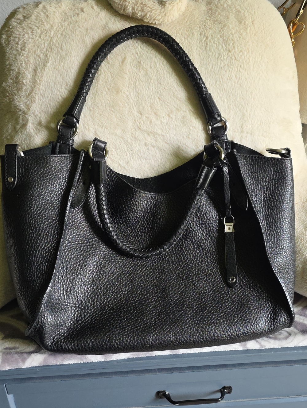 Cole Haan Black Braided-Handle Leather Tote